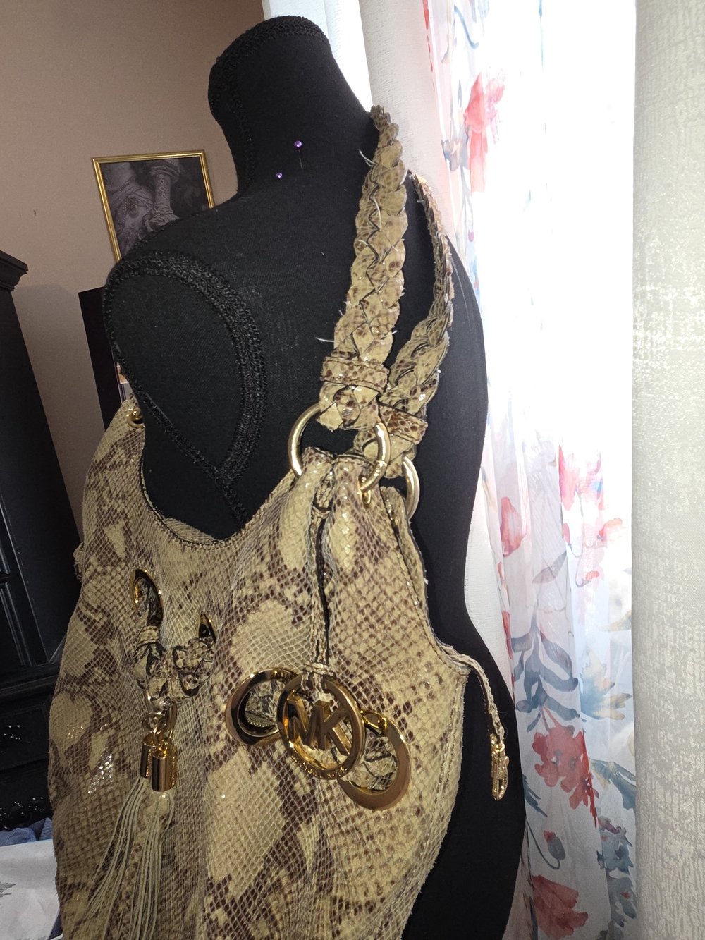 Michael Kors Taupe Snakeskin-Print Shoulder Bag with Tassel - Picture 8 of 13